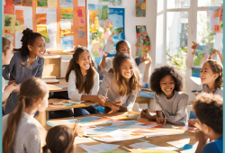 Élèves dans une salle de classe en train de réaliser une affiche